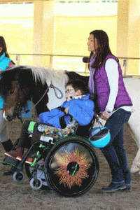 Un handicapé moteur avec un cheval sur une séance d'équithérapie